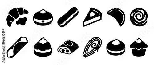 Sweet baked goods icons set featuring various delicious pastries, cakes, and desserts in a simple black silhouette style.