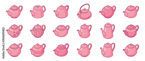 Pink teapots collection featuring various shapes and styles, rendered as cute cartoon illustrations with outlines.