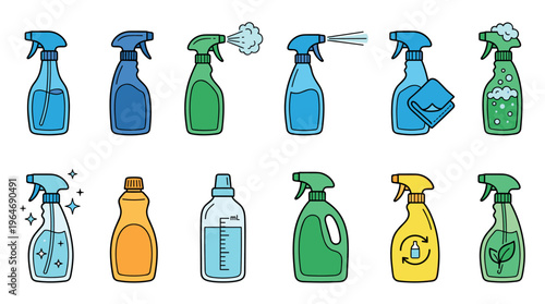 Collection of colorful cleaning spray bottles and detergent containers, depicting home sanitation and hygiene products.