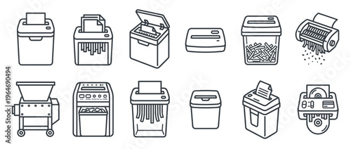 Paper shredder icons vector set illustrating various types of document destruction equipment for office security.