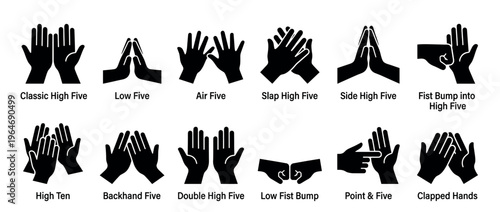 Collection of different hand gestures including high fives, fist bumps, and clapped hands, illustrating various ways to greet and celebrate success.