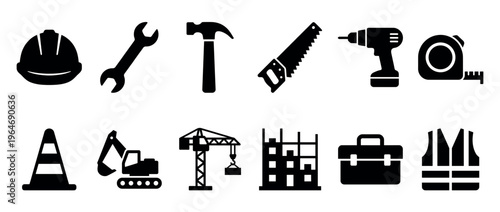 Construction tools, safety equipment, and building machinery icons representing various aspects of work, repair, and development projects.
