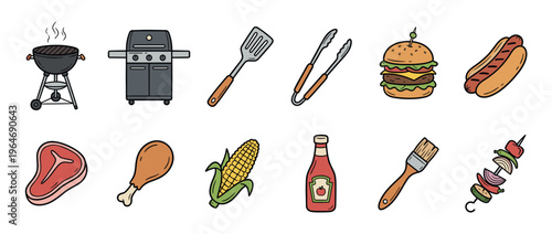 Collection of barbecue items including grills, cooking tools, and delicious food like burgers, hot dogs, steak, and corn, perfect for summer outdoor parties.