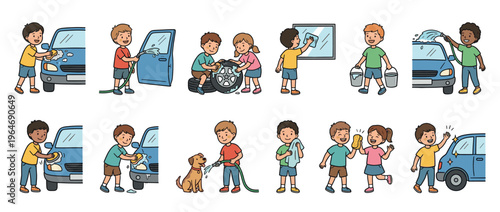 Children washing car, dog, and window, performing various cleaning chores with enthusiasm and teamwork.