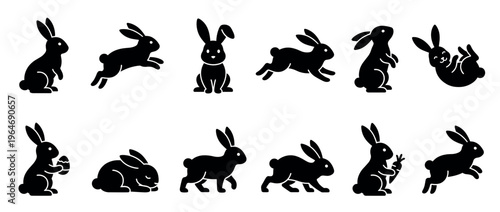 Black rabbit silhouette icons in various poses including sitting, jumping, and holding an Easter egg or carrot, perfect for spring and holiday designs.