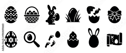 Easter icons collection featuring decorated eggs, a cute bunny, a chick, a basket, and elements for an egg hunt celebration.