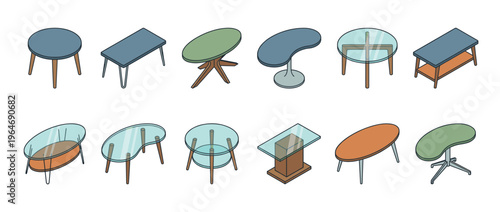 Isometric illustration set of modern coffee tables and side tables in various shapes and designs for home decor.