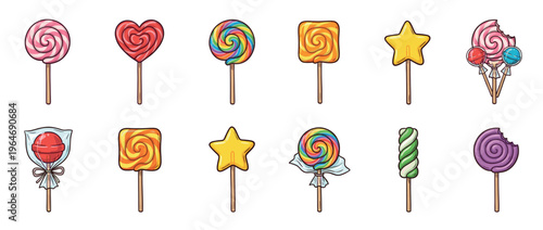 Colorful lollipops collection featuring various shapes, sizes, and vibrant colors, including spiral, heart, star, and square designs.