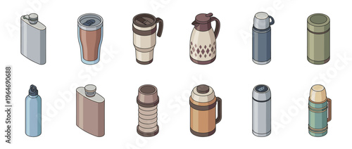 Collection of isometric thermos, flasks, and travel mugs for hot and cold beverages, perfect for outdoor activities and daily use.