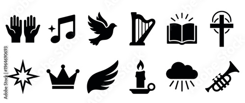 Religious icons and spiritual symbols collection representing faith, worship, and divine concepts in a modern flat design style.