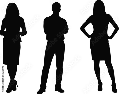 This image showcases three silhouetted figures two women and one man all confidently posed and facing forward high quality professional detailed modern elegant