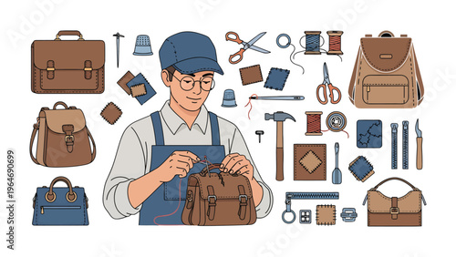 Artisan Crafting Leather Goods: A dedicated artisan meticulously crafts and repairs leather items. Demonstrating skill and passion.