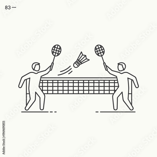 Minimalist badminton line icon, two players with rackets and shuttlecock over net, thin stroke sports vector illustration for web and print