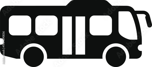 A simple black silhouette depicts a classic passenger bus viewed from the side showcasing its rectangular shape and rounded features high quality professional