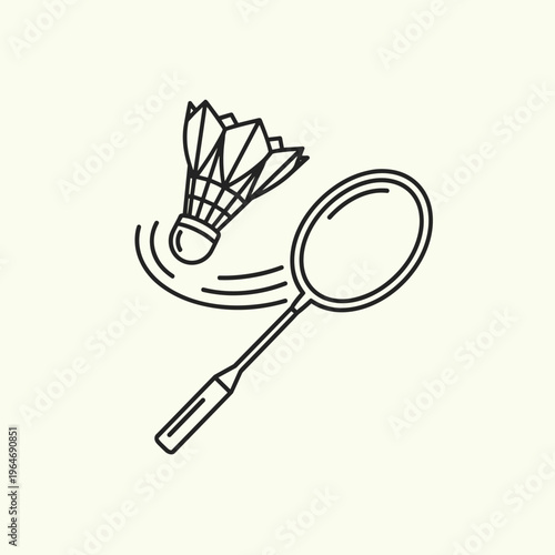 Minimalist badminton racket and shuttlecock vector icon, simple black line art sports equipment, athletic activity and hobby illustration