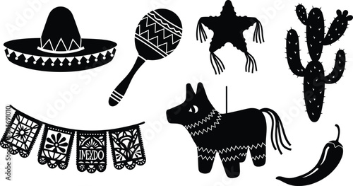 Canvastavla Collection of traditional mexican fiesta party celebration items silhouettes wit