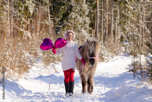 Happy Valentine's Day horse and rider with pink heart shaped shiny balloons.