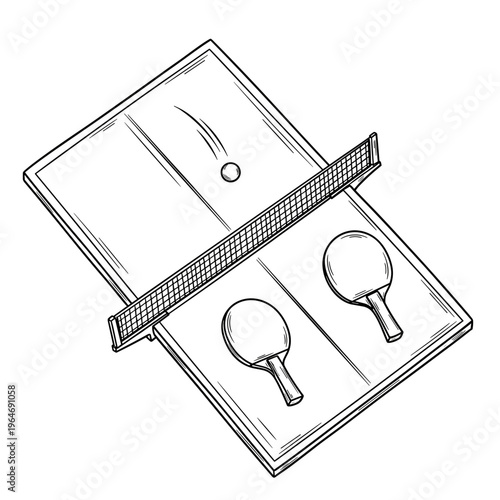 Hand-drawn table tennis vector illustration, ping pong table with paddles and ball, minimalist sports equipment sketch for tournament posters