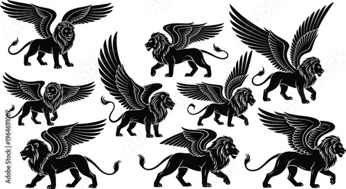 A collection of stylized black and white illustrations depicts winged lions in various poses showcasing a heraldic and mythical aesthetic high quality professional