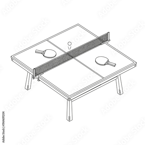 Isometric ping pong table vector illustration, table tennis equipment with paddles and ball, minimalist sports line art for competition and recreation