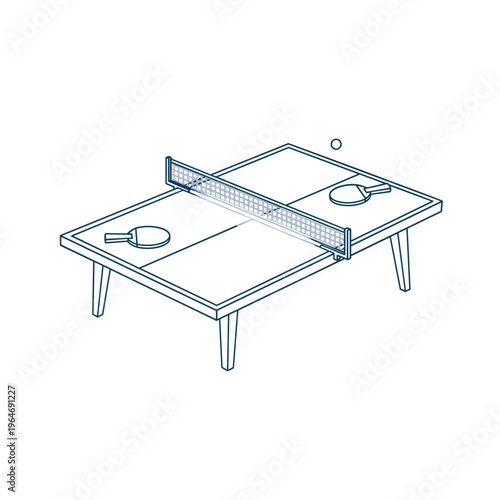 Minimalist ping pong table vector illustration, isometric table tennis equipment with paddles and ball, blue line art sport icon