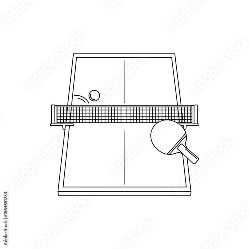 Minimalist table tennis line icon, ping pong table with net and paddle vector, professional sports equipment illustration for competition