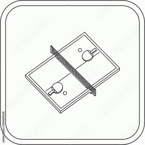 Minimalist table tennis line icon, isometric ping pong table with paddles and balls, simple sports equipment vector illustration for signage