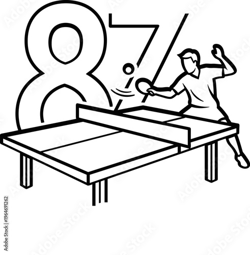 Table tennis player line art illustration, ping pong athlete with number 87, minimalist sports vector graphic for tournament branding