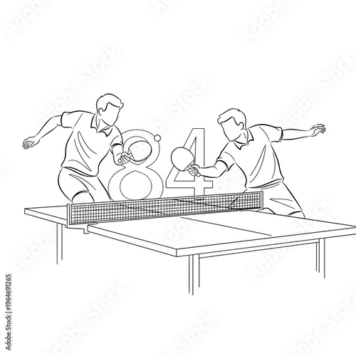 Minimalist line art table tennis players, professional ping pong match illustration, black and white sports vector with number 84