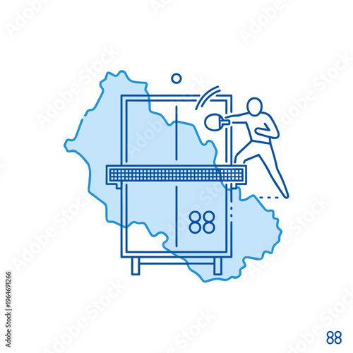Minimalist table tennis line icon, blue ping pong player vector illustration, sports competition concept with table and paddle