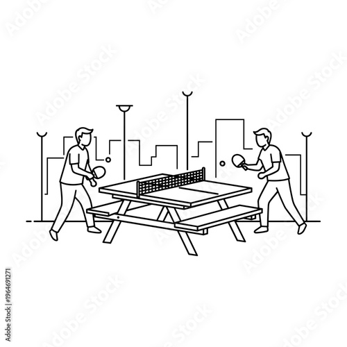 Minimalist line art of people playing table tennis, urban ping pong match on outdoor park table, vector illustration of friends playing sports