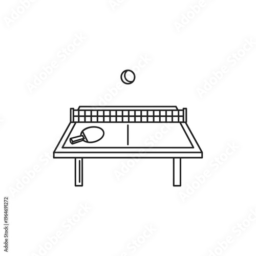 Minimalist table tennis vector icon, ping pong table with paddle and ball illustration, simple line art sports equipment graphic