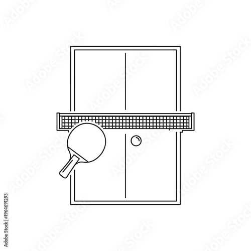 Minimalist table tennis line icon, ping pong table with net and paddle vector, professional sports equipment illustration for web design