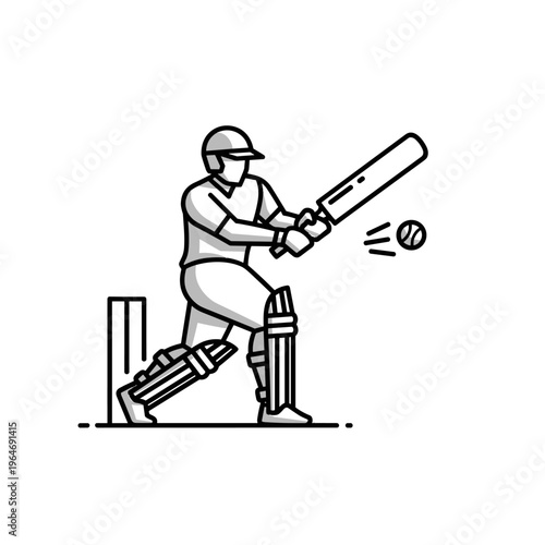 Minimalist cricket player line art vector, professional batsman hitting ball with bat, sports athlete in uniform with helmet and pads