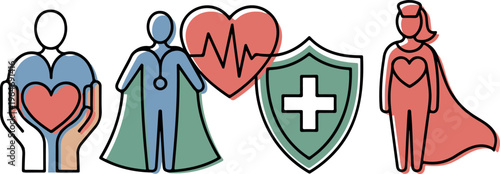 Creative medical symbols with superhero doctor and nurse icons plus heart shield graphics for health marketing.