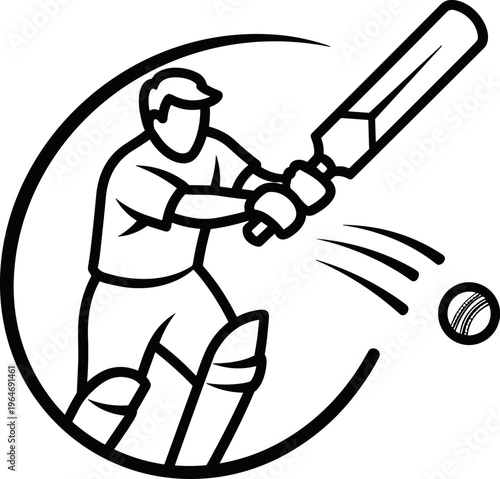 Cricket player batsman hitting ball vector illustration. Minimalist black and white cricket sports logo. Professional athlete batting action line art.