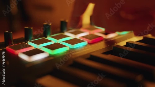 Hand adjusts a knob on a music production device with colorful lights in a studio setting at night
