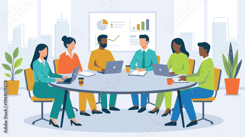 Team of diverse professionals having a business meeting with data presentation