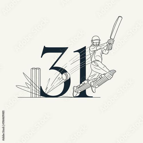 Vintage cricket player illustration with number 31, retro line art of batsman hitting ball, classic sports typography vector for jersey design