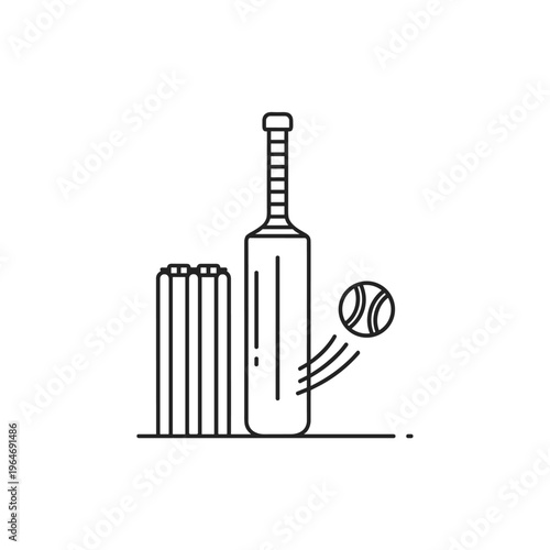 Minimalist cricket equipment line icon, professional cricket bat with ball and wicket stumps, sports competition vector illustration on white