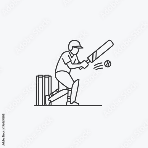 Minimalist cricket player line icon vector, batsman hitting ball in front of wickets, professional cricket athlete outline illustration for sports branding