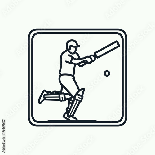 Cricket player batting icon, minimalist line art of a batsman hitting a ball, sports vector illustration for competition and tournament branding