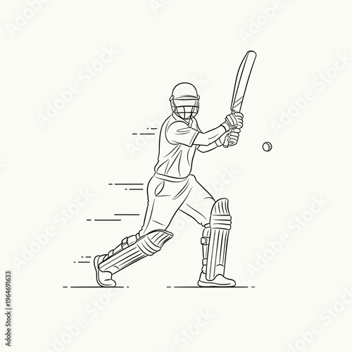 Minimalist cricket batsman line art vector, professional cricket player hitting ball, athletic sportsman in protective gear and helmet