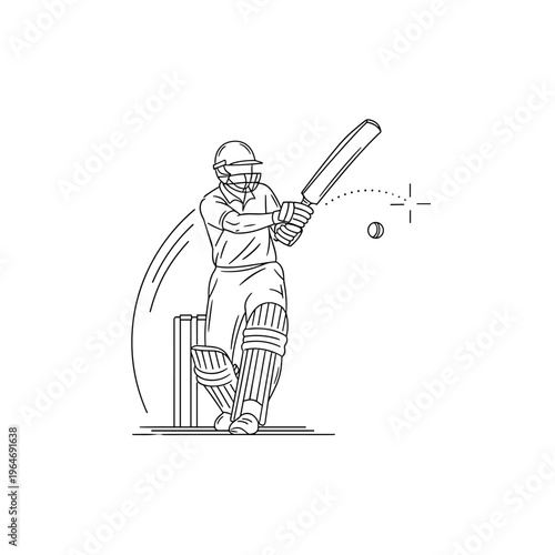 Minimalist cricket player line art vector, professional batsman hitting ball in stadium, sports athlete wearing helmet and pads illustration