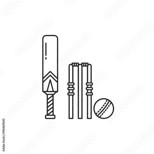 Minimalist cricket equipment line icon vector, professional cricket bat with wicket stumps and ball, modern sports gear illustration