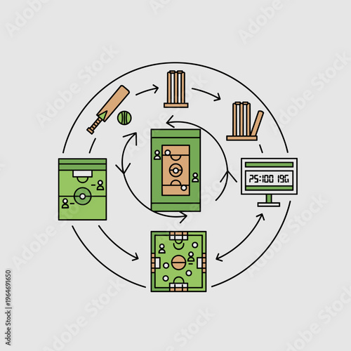 Cricket sport infographic vector, flat line icons of cricket bat, ball, wickets and stadium pitch, professional match scoreboard and field layout