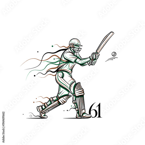 Dynamic cricket player vector illustration, professional batsman hitting ball in motion, athletic cricket sports graphic with number 61