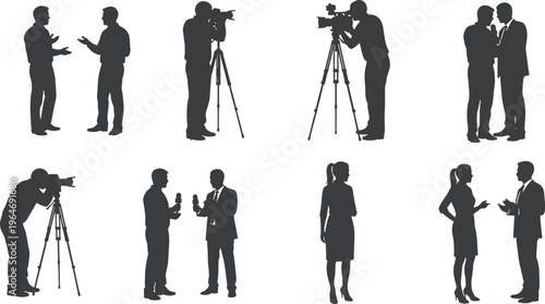 Black vector silhouettes of news reporters, journalists, and camera crew conducting interviews, press conferences, broadcasting, and media coverage in professional settings.