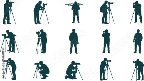Dark green vector silhouettes of photographers and videographers using tripods, cameras, dslr, drone pilot, professional media production, filming, taking photos.