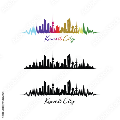 Kuwait City Skyline illustration with colorful and monochrome silhouettes representing urban architecture and cityscapes, perfect for travel and city themes